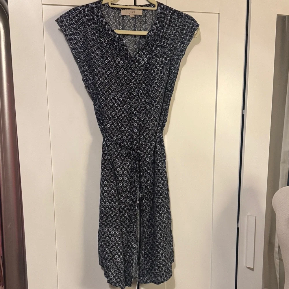 LOFT Navy Patterned Midi Shirt Dress